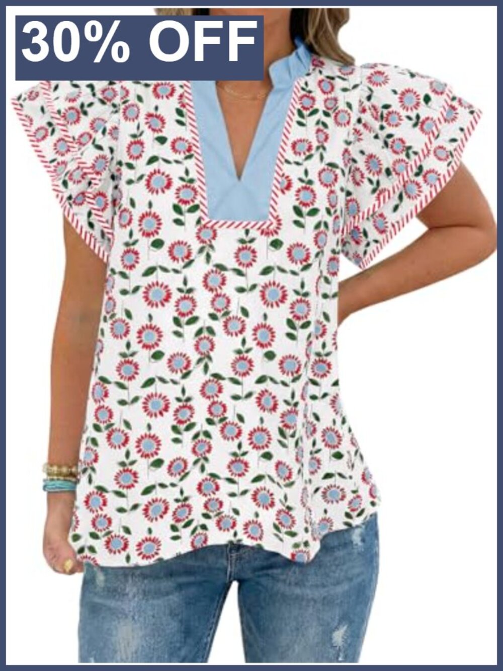 Womens Ruffle Sleeve Floral Blouse V-Neck Loose Fit Summer Dressy Casual Top
